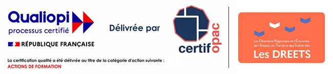 Logos Qualiopi et DREETS : PBS CSE, organisme de formation certifié Qualiopi et agréé DREETS